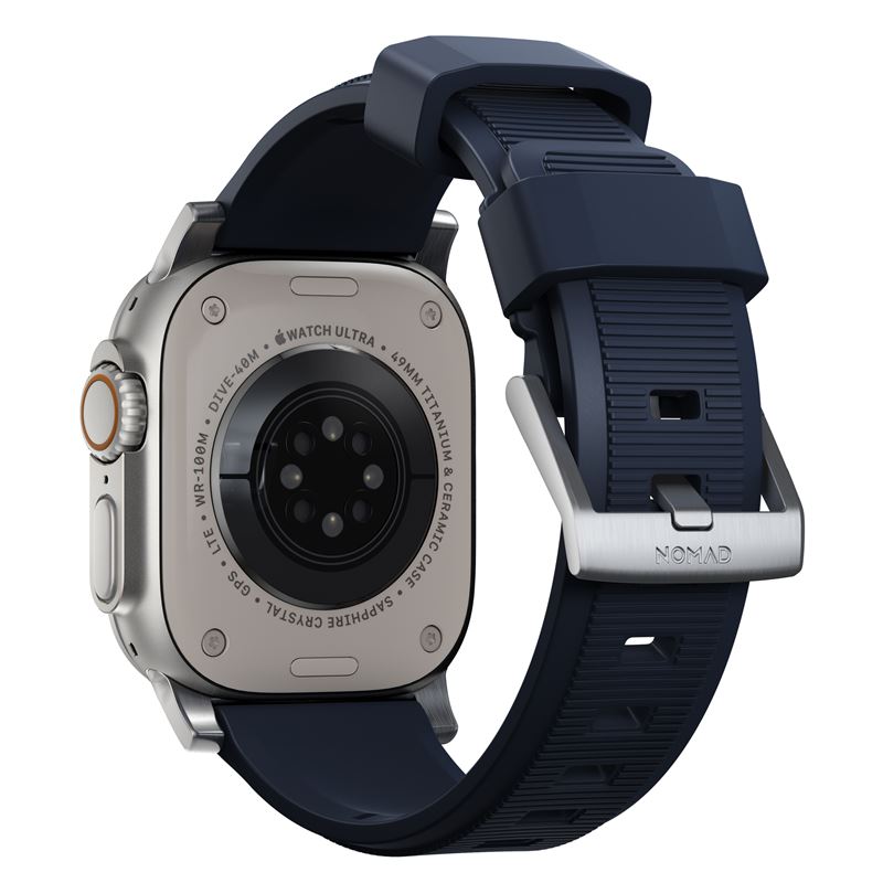 Curea rezistenta la apa NOMAD Rugged Strap compatibila cu Apple Watch 4/5/6/7/8/9/SE/Ultra1/2 42/44/45/49mm Atlantic Blue/Silver (Ingredi, NM01296485) by www.silkase.ro